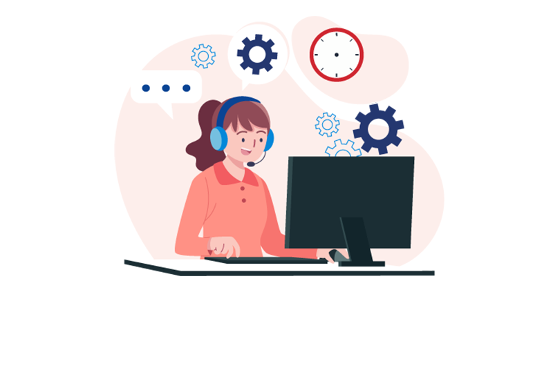Graphic of a support technician sitting at a computer providing help over the phone.